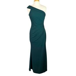 One Shoulder Ruched Green Evening Gown Women Medium Maxi Dress Sparkle Holiday